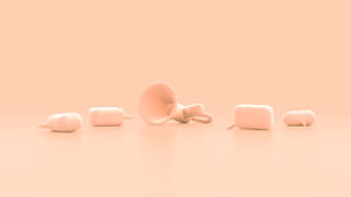 3D animation of a loudspeaker - made of either white foam or concrete to the eye - lying on the floor, with two 3D speech bubbles both lying and standing on the floor on either side of it. The filter of the image is a light orange, the objects a faded white
