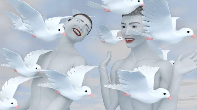 Illustration of 8-9 white birds with pink beaks flying with wings raised in the same direction past two mannequin style figures with shaved heads, translucent skin, but laughing and with arms raised, in red lipstick