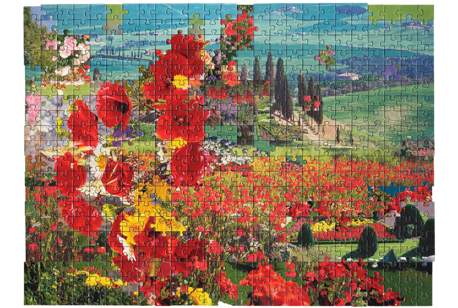 Photo of a puzzle, combining pieces from different types of images together to create new landscape. Here a picture of a bouquet of flowers is combined with a photo of a lush, green garden. 