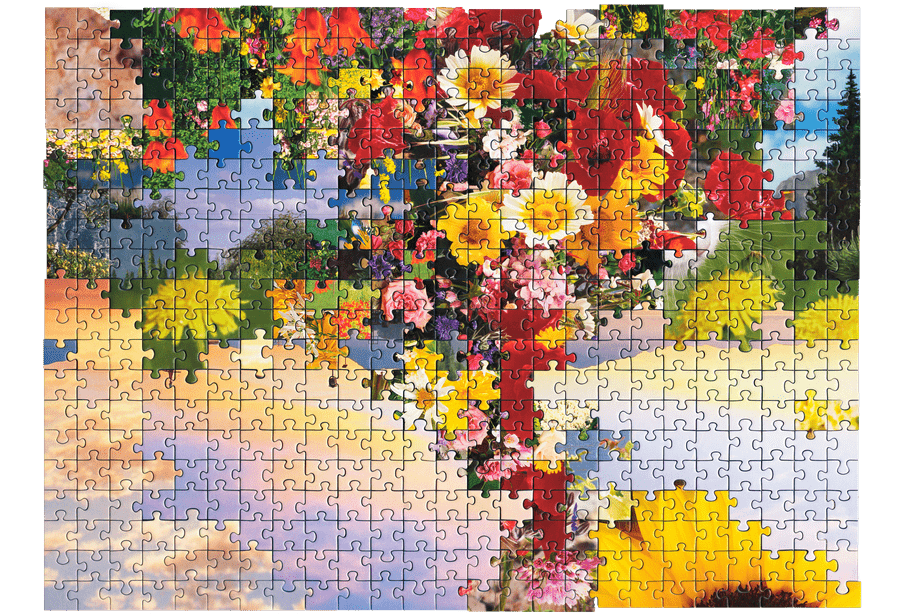 Photo of a puzzle, combining pieces from different types of images together to create new landscape. Here a picture of a bouquet of flowers is combined with a pictures of a purple and pink sky. 