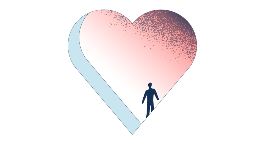 Light blue and pinkish illustration of a heart-shaped hole, with a human-like figure standing on the other side of the hole. 