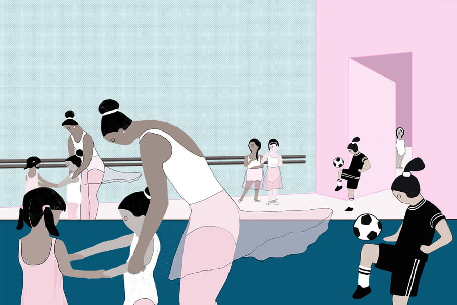 A drawing of girls wearing tutus and practising ballet, and a few girls entering room practising football.