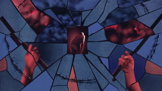 Illustration of shattered glass with a man with his hands on his knees in the middle. Barbed wire surrounds the image, with hands holding sticks next to it.