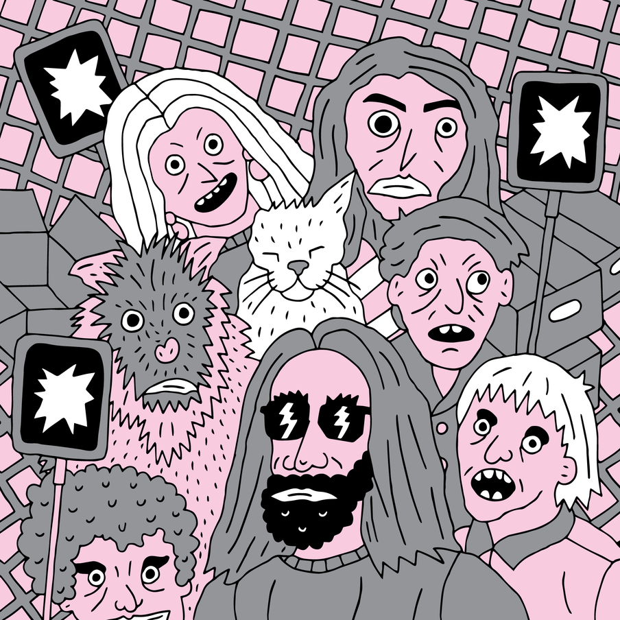 Illustration of human figures’s faces in pink and black