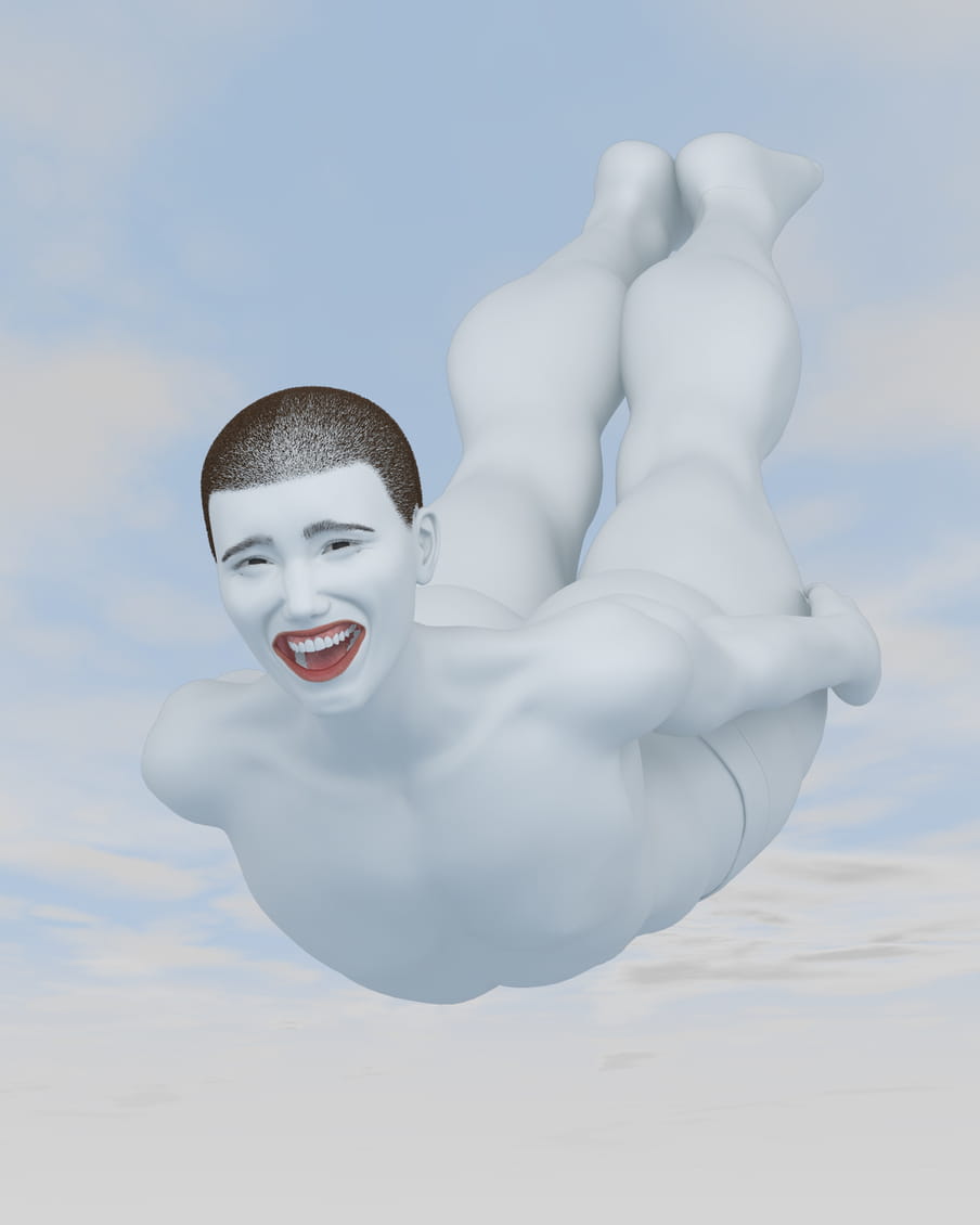 Illustration of an inanely smiling grey coloured mannequin flying through a light cloudy sky, legs lifted high and up behind them, arms by legs, in a soaring pose. The face is laughing with eyebrows raised at the front, red lips, gums and tongue all visible.