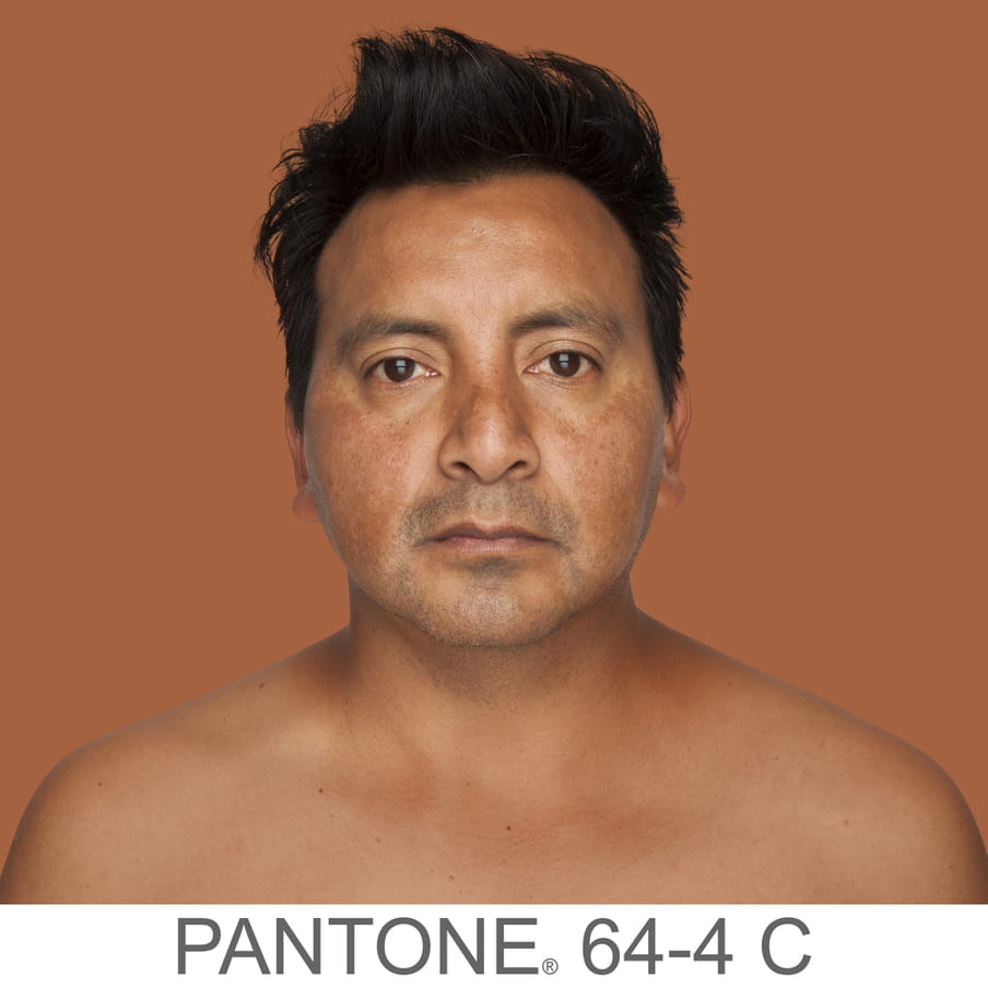 Photographic portrait of a man with short dark hair and a stubble beard. The background is a sample of 11 x 11 pixels taken from the nose of the subject and matched with the industrial pallet Pantone®. The pantone color is written out as PANTONE 64-4C.