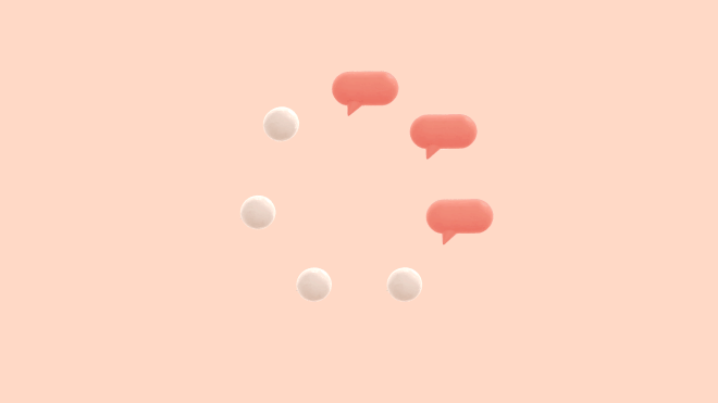 In this graphic animation seven white little balls in a circle, move to touch the other in a circle, and become orange speech bubbles as they go around hitting each other