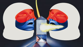 Illustration of two faces wearing big white ski balaclavas wrapped around their heads, facing to the side profile, red visors and mouths open. In the middle, some sort of powerhouse with fire coming out of the middle and up towards the top