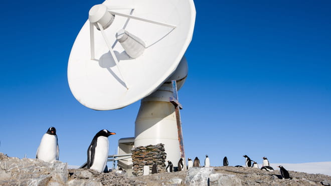 Penguins are standing next to a satellite. 