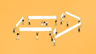 Illustration of people holding banners, together making the shape of an arrow - on a yellow background