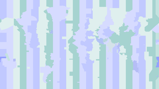 Light pastel shades of lilac, purple, green, yellow and white are lain against each other in tall rectangles, with the outline of the world map interrupting their straight lines