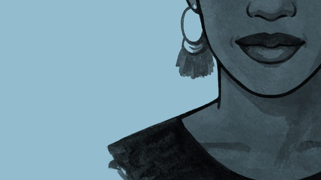 Illustrated avatar of a womans face and neck, cut of from the nose until the bottom of her neck, on a blue background
