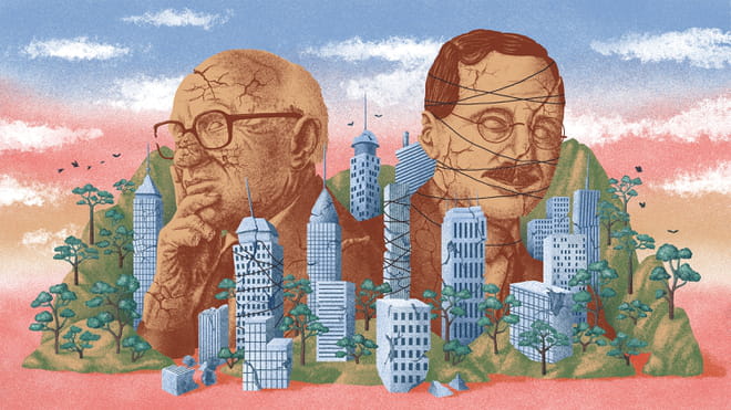Illustration of two male faces as statues, their heads cracked and held together with string. Surrounding them are buildings, also cracked but new plants and trees are overgrowing them.