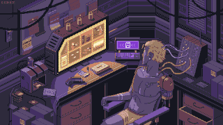 Gif illustration of a figure sitting before a computer, his brain connected to it, watching a screen where images flicker by rapidly.