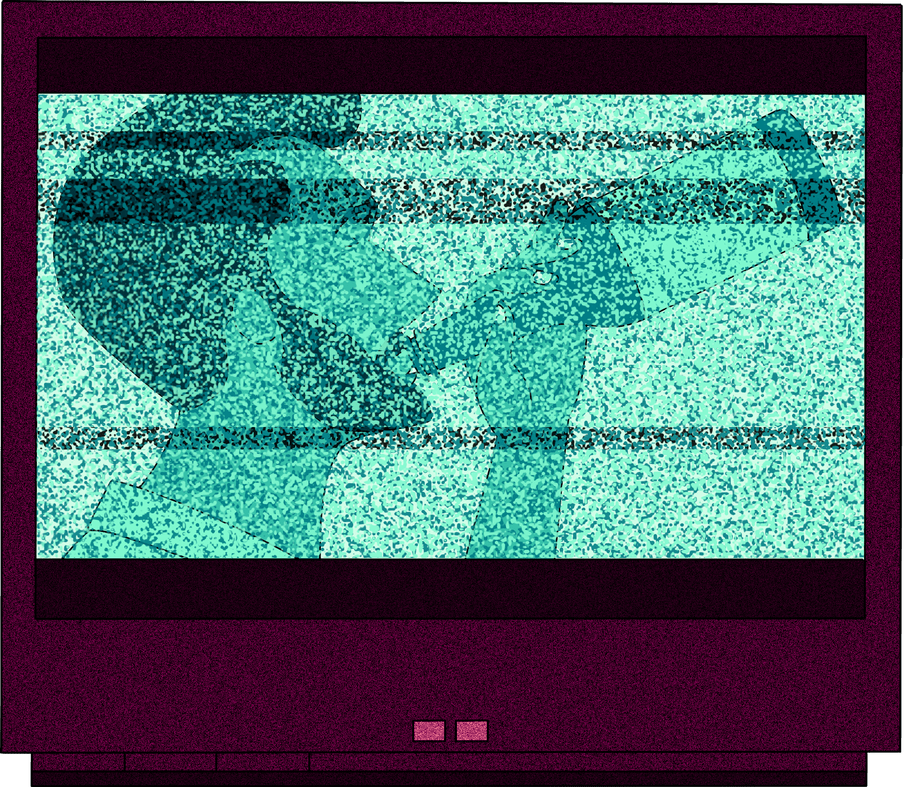 Illustration of a distorted tv, showing an add for a drink