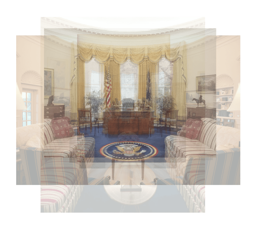 Multiple transparent images of the White House’s oval room, seen from the sitting area, are layered on top of each other. On all the edges the quantity of images is visible. Together they show a blurred image of the oval room with the desk of the president centered.