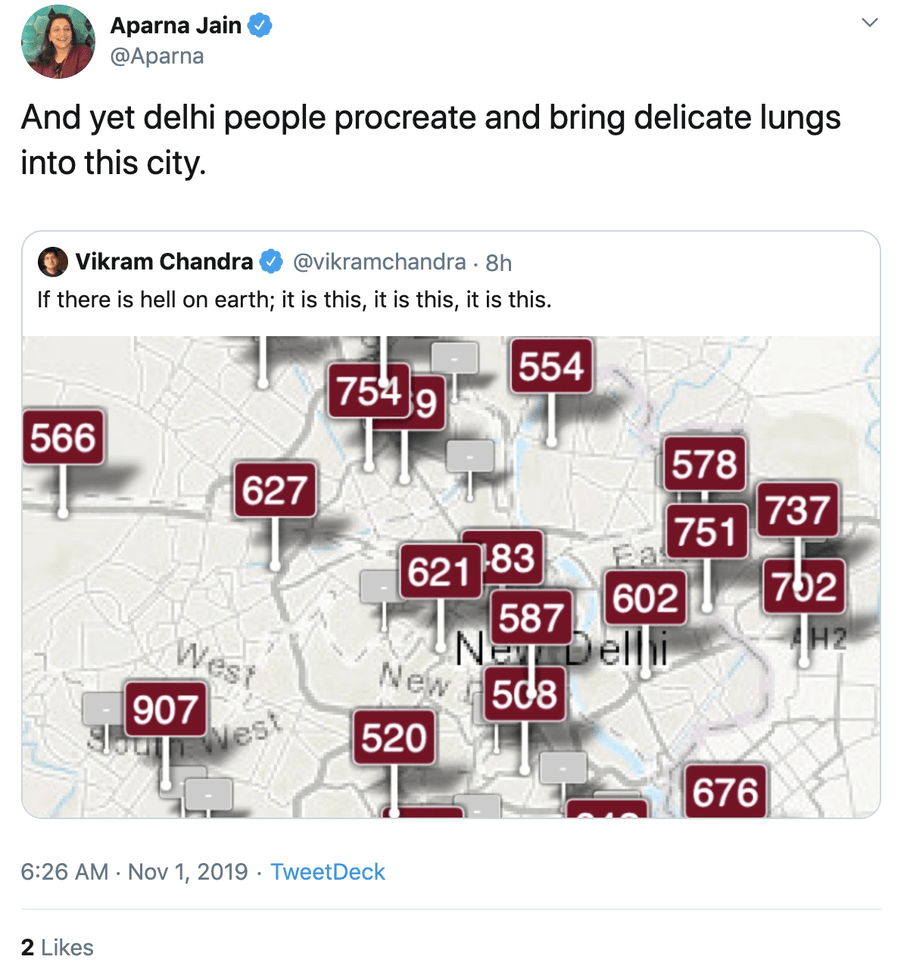 Screenshot of a tweet that scolds Delhi citizens for bringing infants into this polluted world. Also contains a map that shows various places in Delhi dangerously eclipsing safe air quality levels.