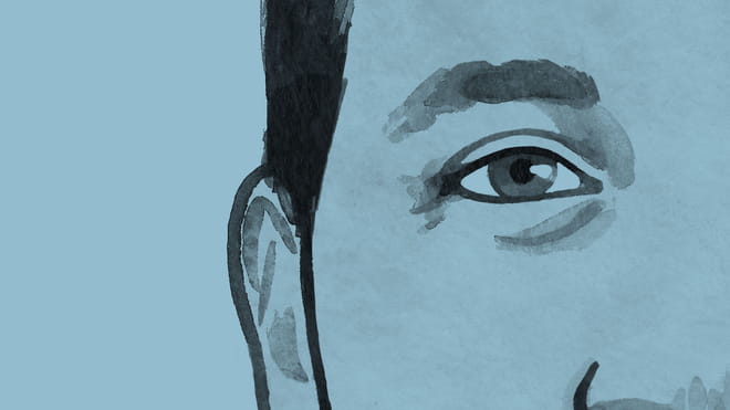 A close-up sketch drawing of a man's face on blue background.
