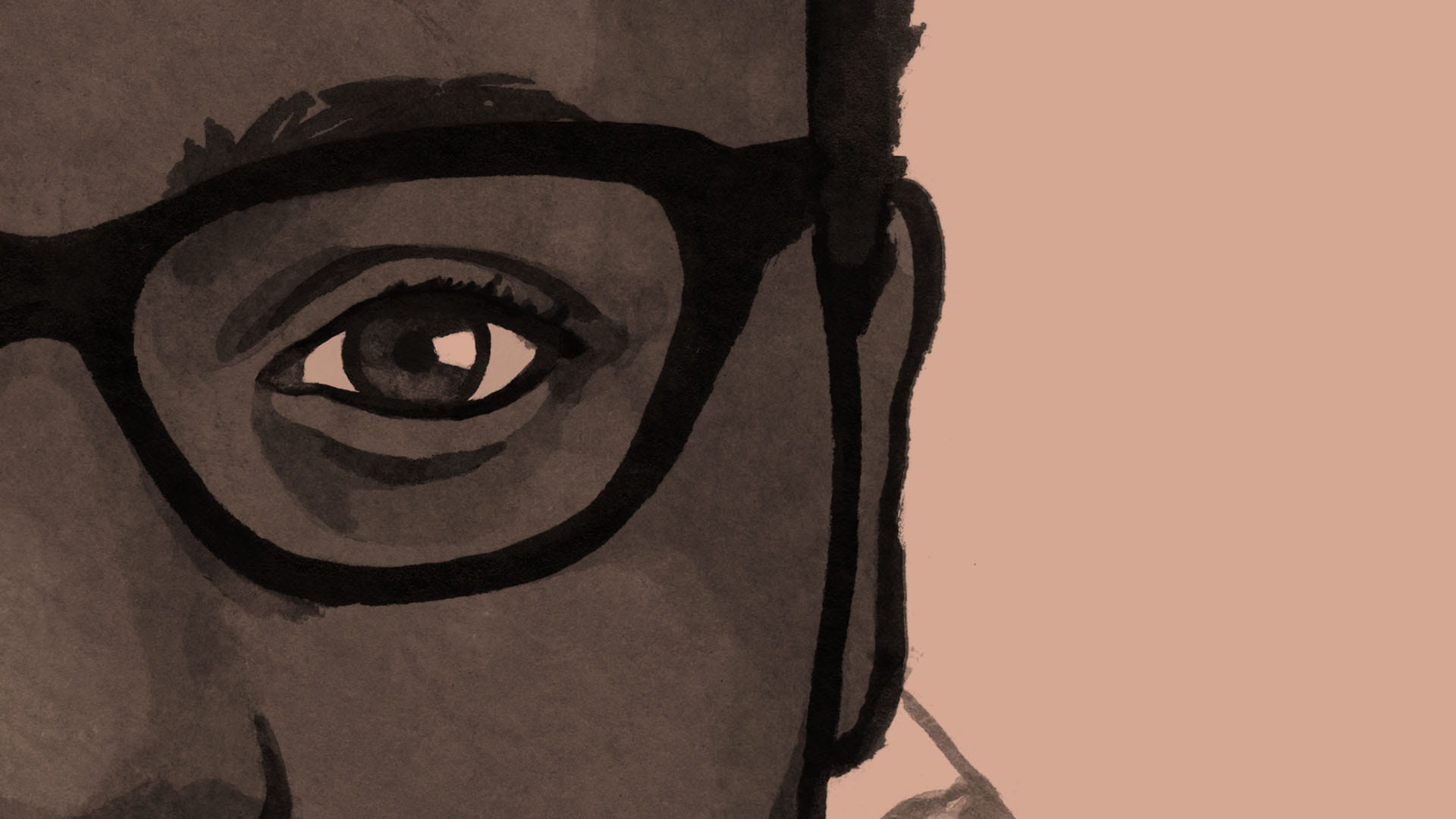 Illustrated avatar of a womans face wearing glasses, a close up of her eye - on an orange background
