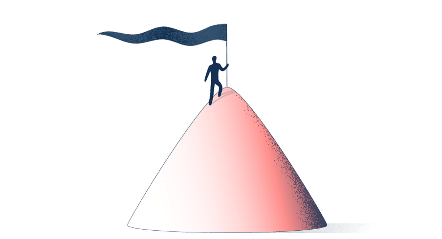 Illustration of a pink hill with a human-like figure on top holding a flag.