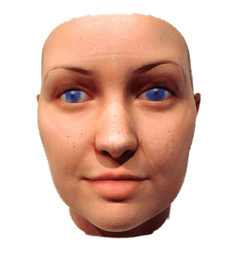 Photo of a 3D printed face of a woman with white skin, freckles and blue eye colour - against a white background