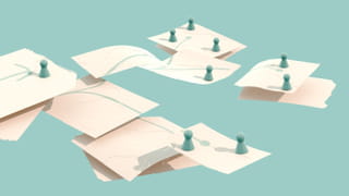 Illustration of pieces of paper, connected with green lines drawn on them, pawns standing on top of the papers