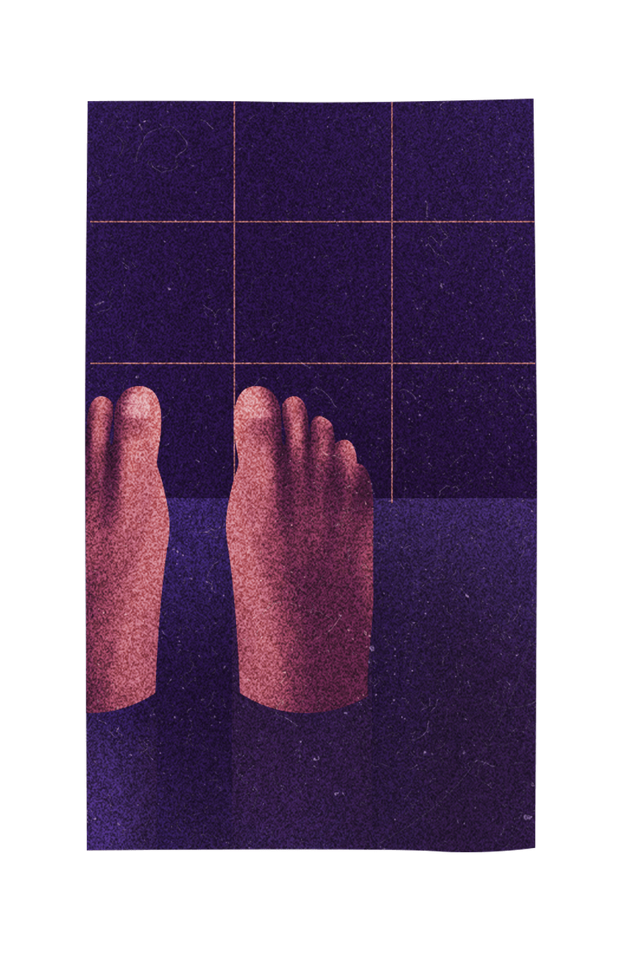 Illustration of feet emerging from purple bathwater. In the background, there is a tiled pattern on the bathroom wall.