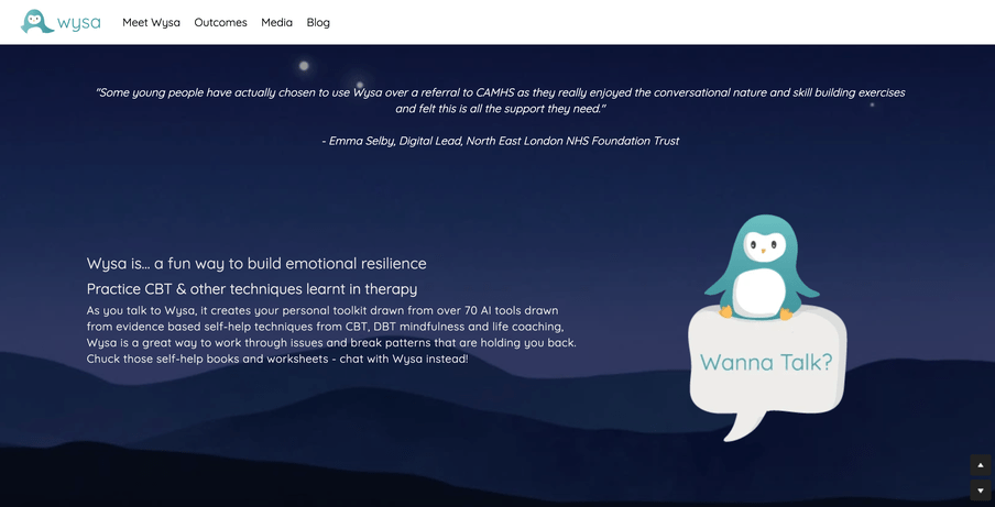 A screenshot of the homepage of Wysa, an app that offers free AI-based chat support as well as paid human coaching.