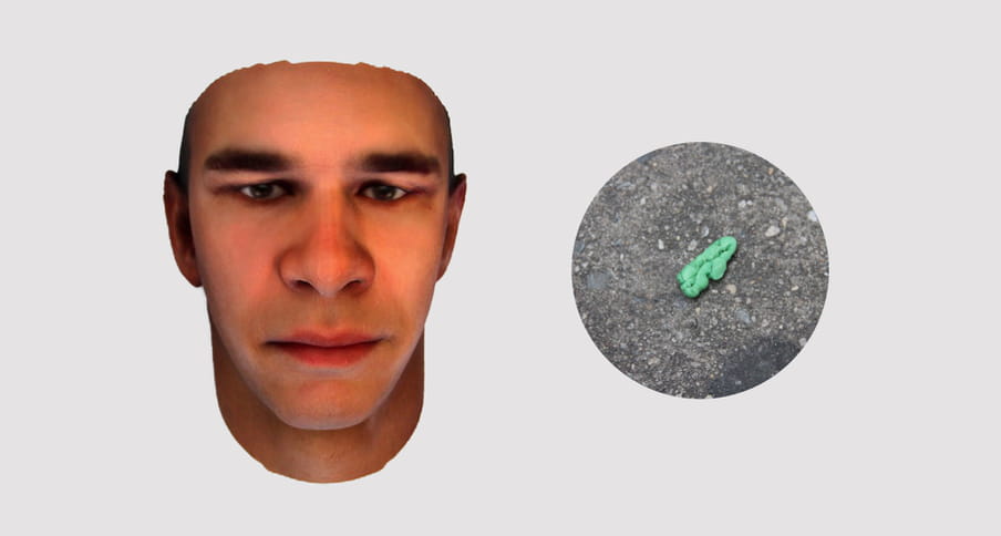 Photo of a 3D printed face of a man with white skin and brown eye colour on the left, circle containing a picture of chewed gum lying on asphalt on the street - against a grey background