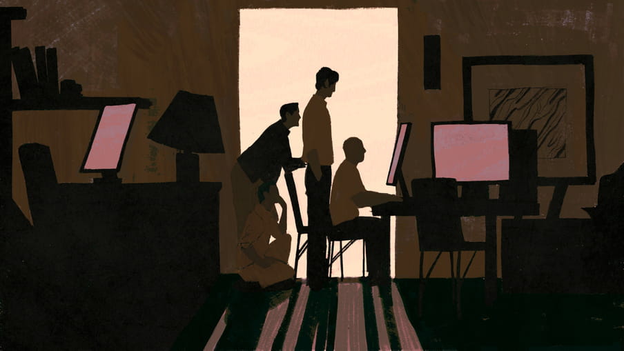 Illustration in pink, peachy and green tones of 4 silhouettes looking at a computer. 