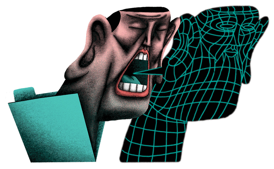 Illustration of a human face popping out from a folder. the human face is screaming and the comic has the same shape of the huma face but with a digital texture.