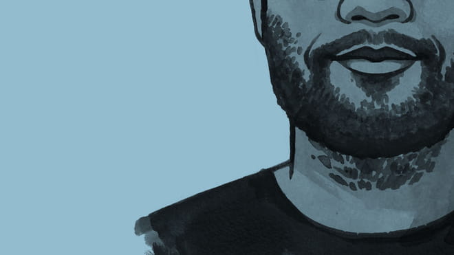 A cross section of an illustration of the author's face against a blue background