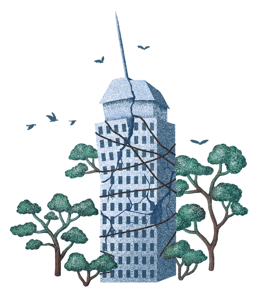 Illustration of a building with cracks and rope holding it together