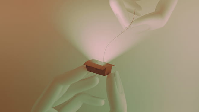 Green-brownish background of a 3D animation of a small open brown flashlight box being held within the tips of fingers emerging from the bottom of the image; above, fingers are coming down to grasp a thin brown line from the box