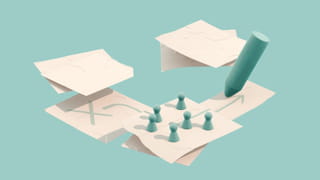 Illustration of pieces of paper floating in the air, on them arrows, lines and crosses are drawn, pawns standing around them. A big piece of chalk seems to be drawing an arrow.