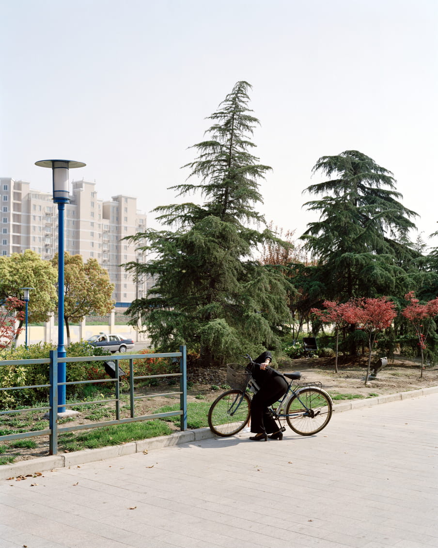 Photograph of a person picking up something that looks like a bottle from the road while holding a bicycle. In the background there is a small park and high rise buildings.