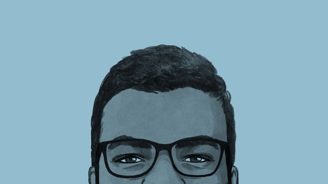 A cross section of an illustration of the author's face against a blue background 