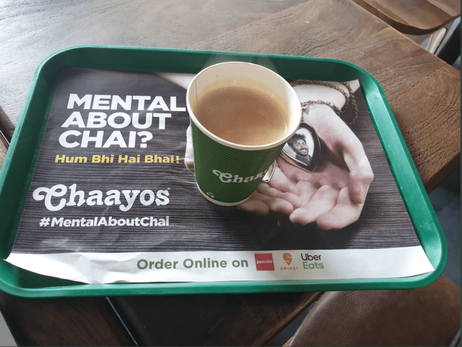 A tray mat used in the Indian tea cafe Chaayos with a slogan that reads: "Are you mental about tea? So are we!"