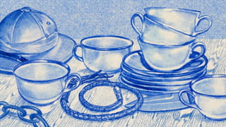 Illustration of teacups surrounded by a whip and chains.