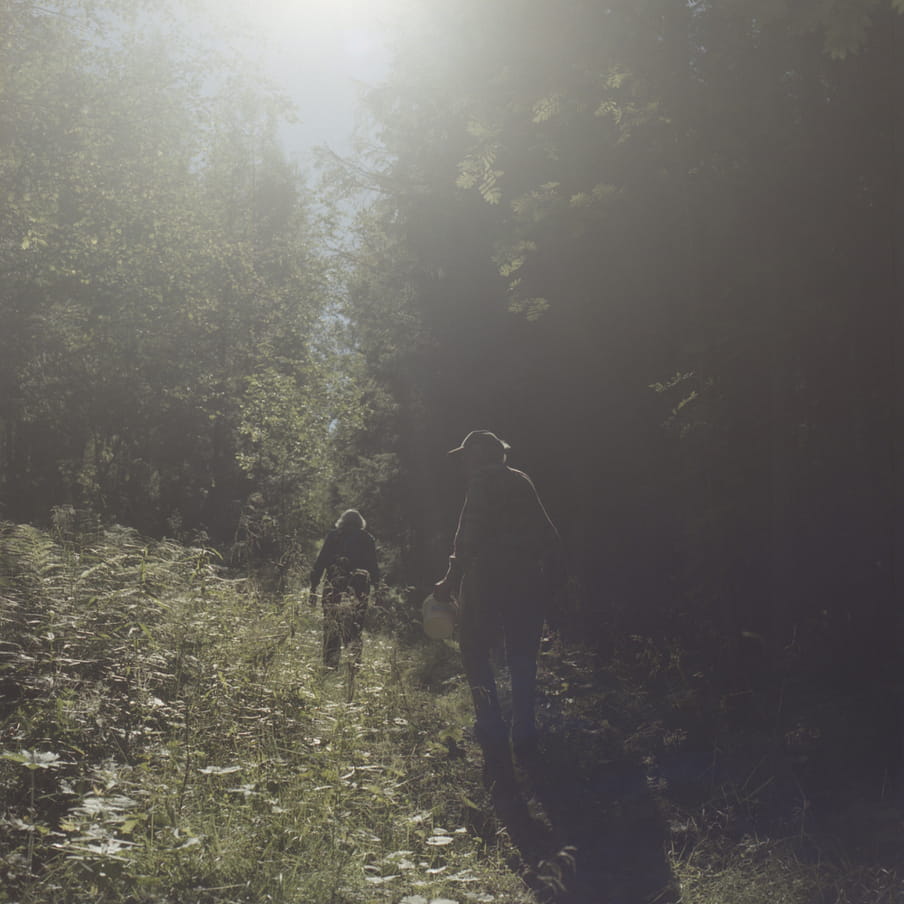 Photograph of two silhouettes of people in a forest with sun beaming through the middle. 