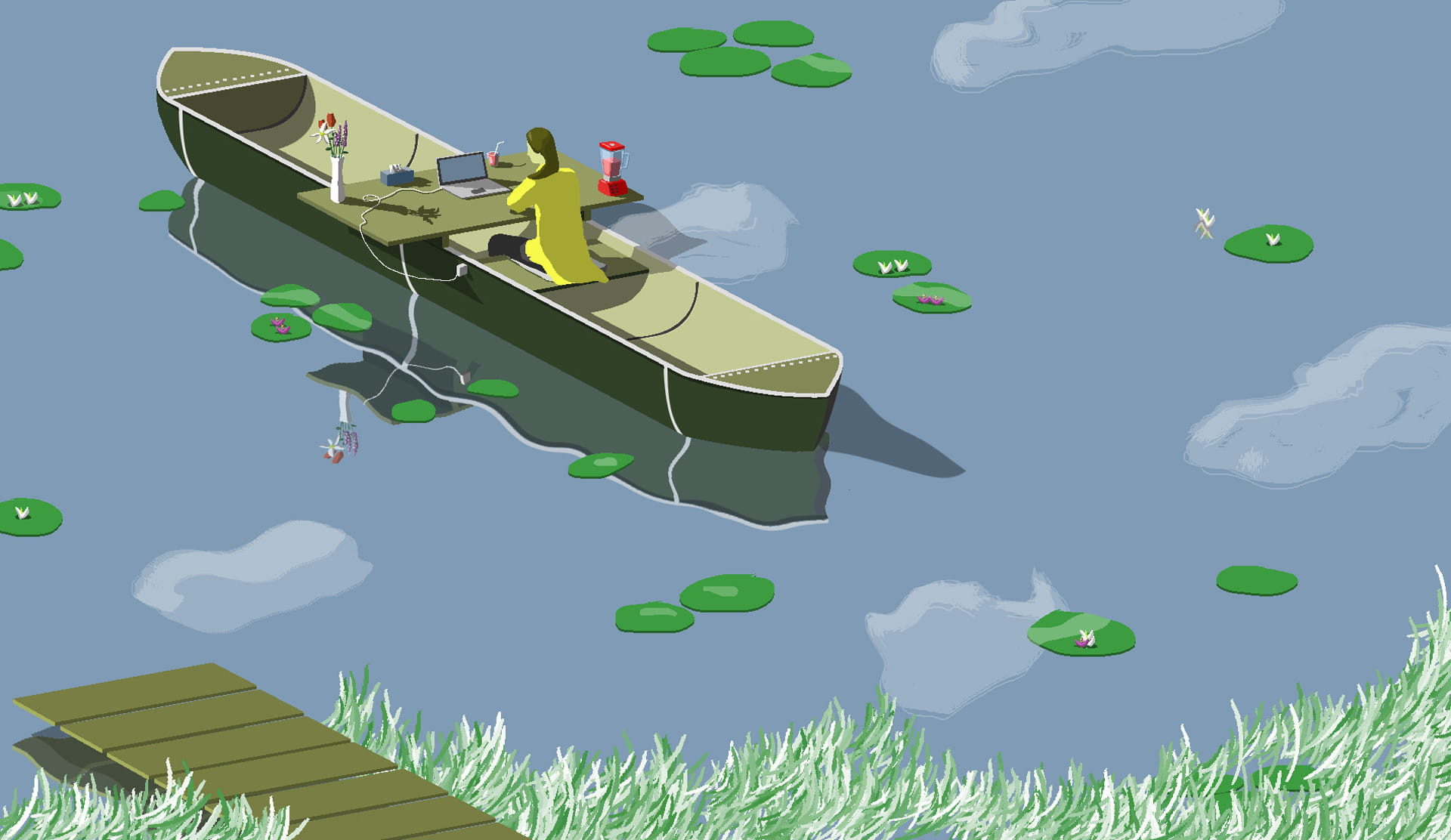 Illustration of a woman sitting at a desk in a boat in a pond, staring at the screen of her laptop.
