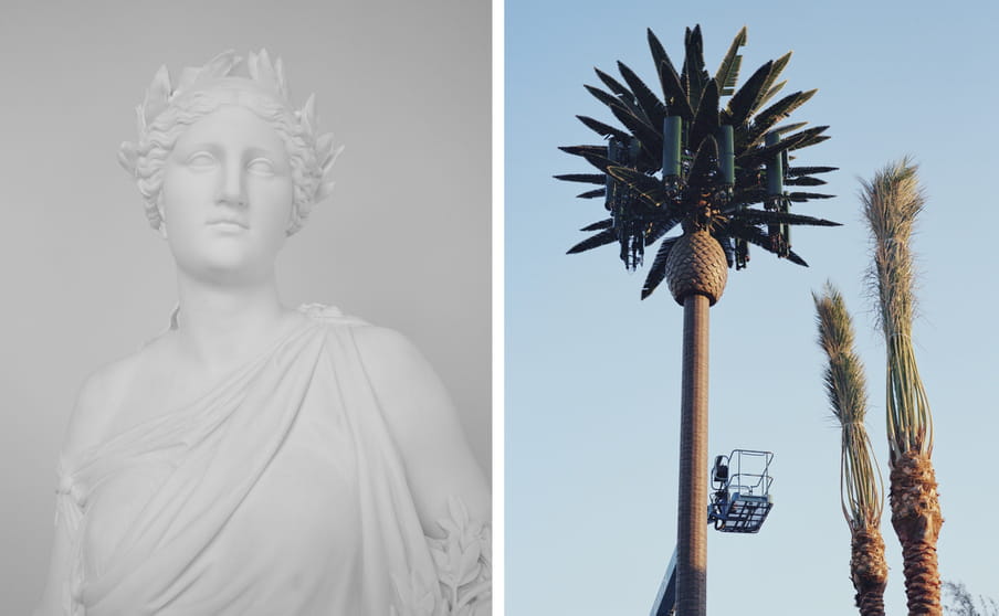 Two pictures side by side: one of a white statue in a toga and with a crown on the head, against a grey background, alongside a photo of a manmade-looking palm tree with a person under it in a crane, and two tree tips alongside, set against a light blue sky