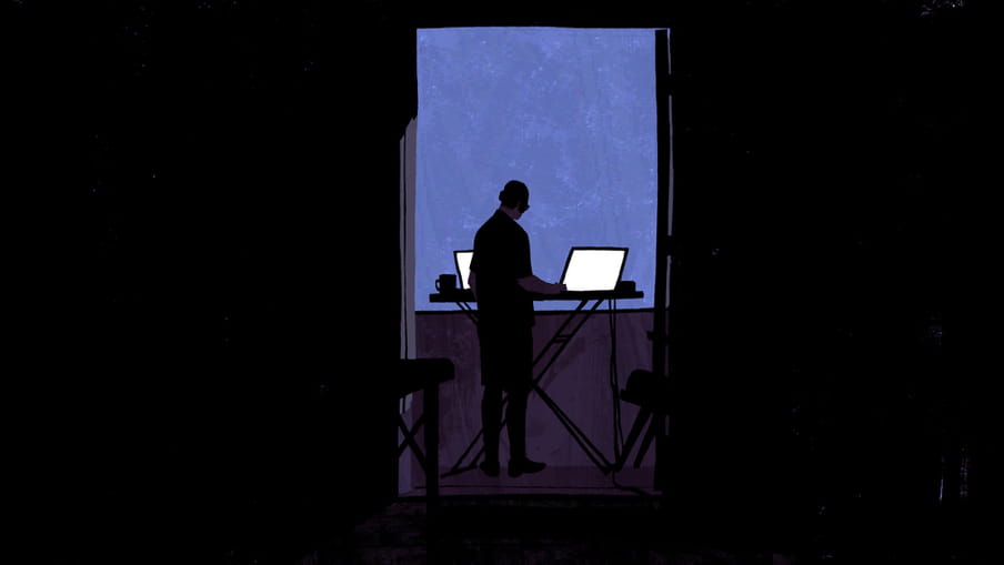 Illustration in blue and black tones of a man, on a balcony, working on a computer. 