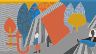 Colourful illustration with lots of trees and abstract shapes of a women entering inside a book and another one sitting.