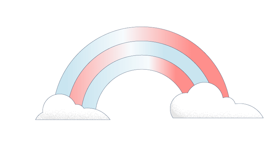 Illustration of two clouds with a pink and blue rainbow that connects both clouds. 