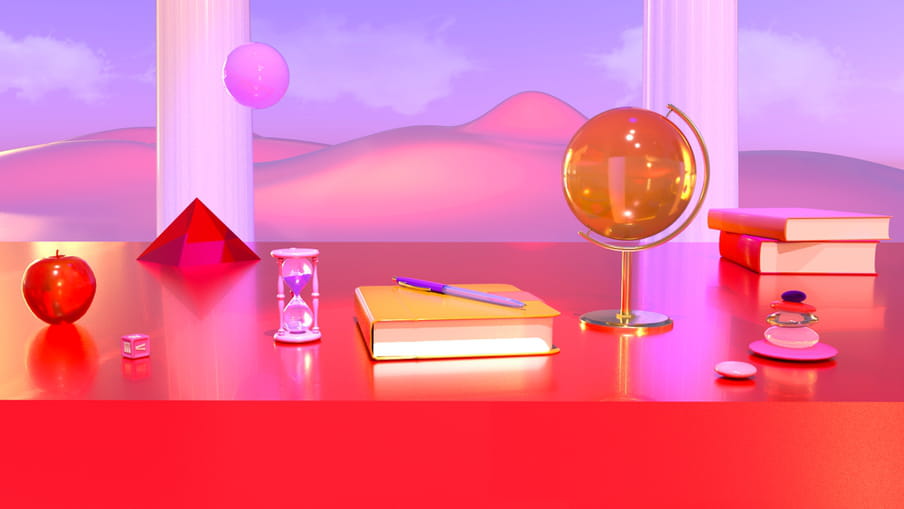 Illustration of a 3D red perspex looking surface against a light lilac and pink backdrop of mountains in the distance, with two white pillars. On the table are various 3D objects spaced out: from left to right a red transparent apple with a smaller pink cube next to it, a red transparent pyramid (with a pink globe floating above it), a pink translucent hourglass, a yellow covered book with a lilac pen on it, a tall orange translucent globe, two smaller objects and far right two books on top of the other