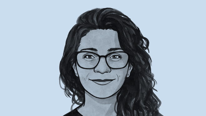 Illustrated avatar of a woman with long dark hair and glasses, Nabeelah Shabbir.