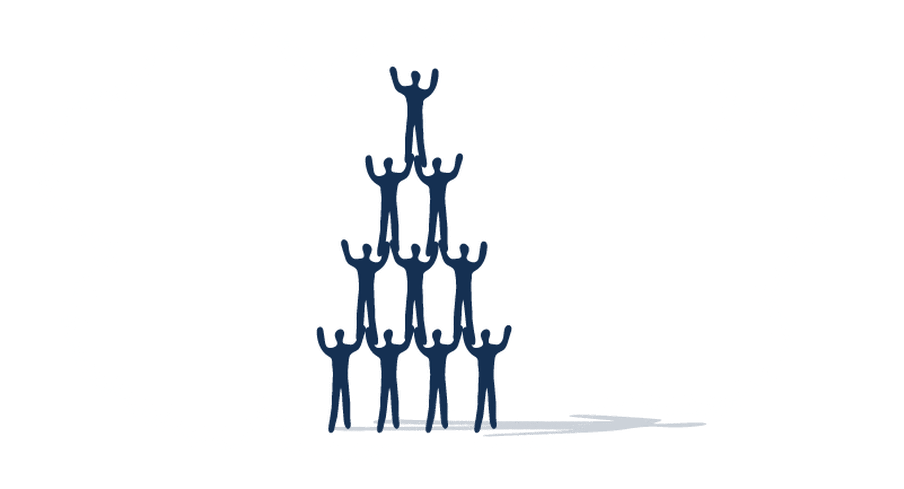 Illustration of a pyramid of human-like figures with their hands in the air.