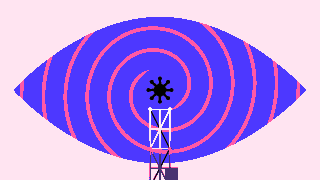 Illustration of cell phone tower in the shape of a eye with a corona virus icon as the emitter.