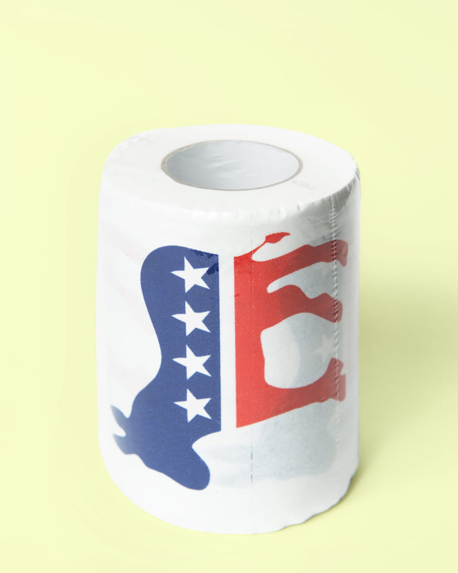 Photo of a roll of toilet paper with a republican logo on it - on a light green background